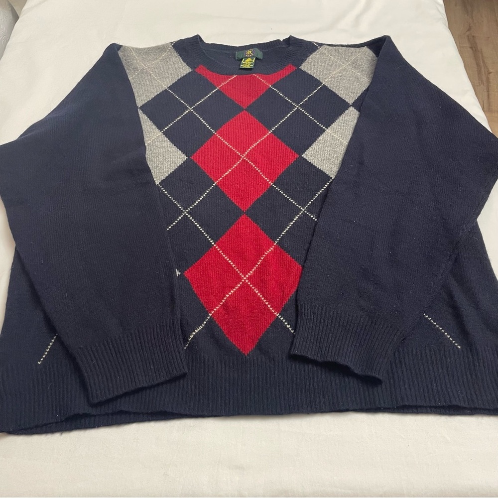 Vintage 90’s 100% Lambswool Sweater Argyle Club Room Navy, Red, Grey Men’s XL